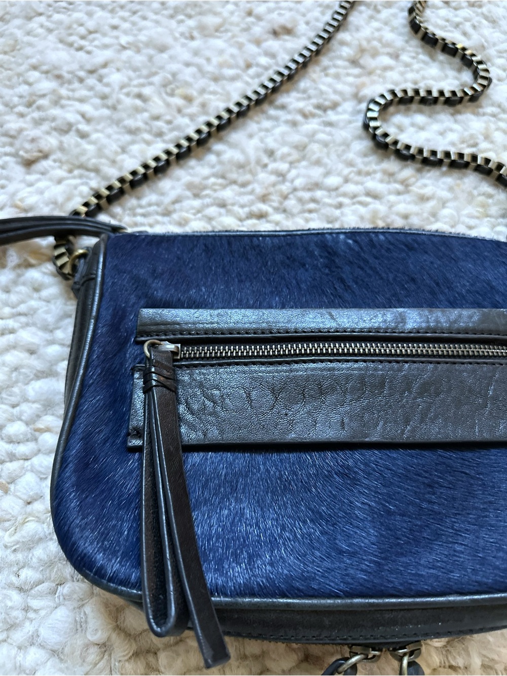 Leather Trim Navy Crossbody Bag with Chain Strap